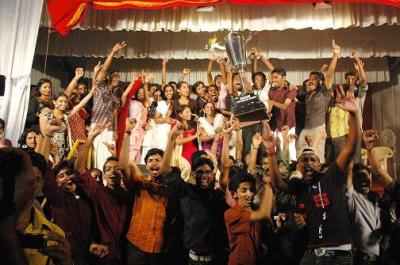 Students of Mar Ivanios College celebrate their victory at the Kerala University Youth Festival 2010